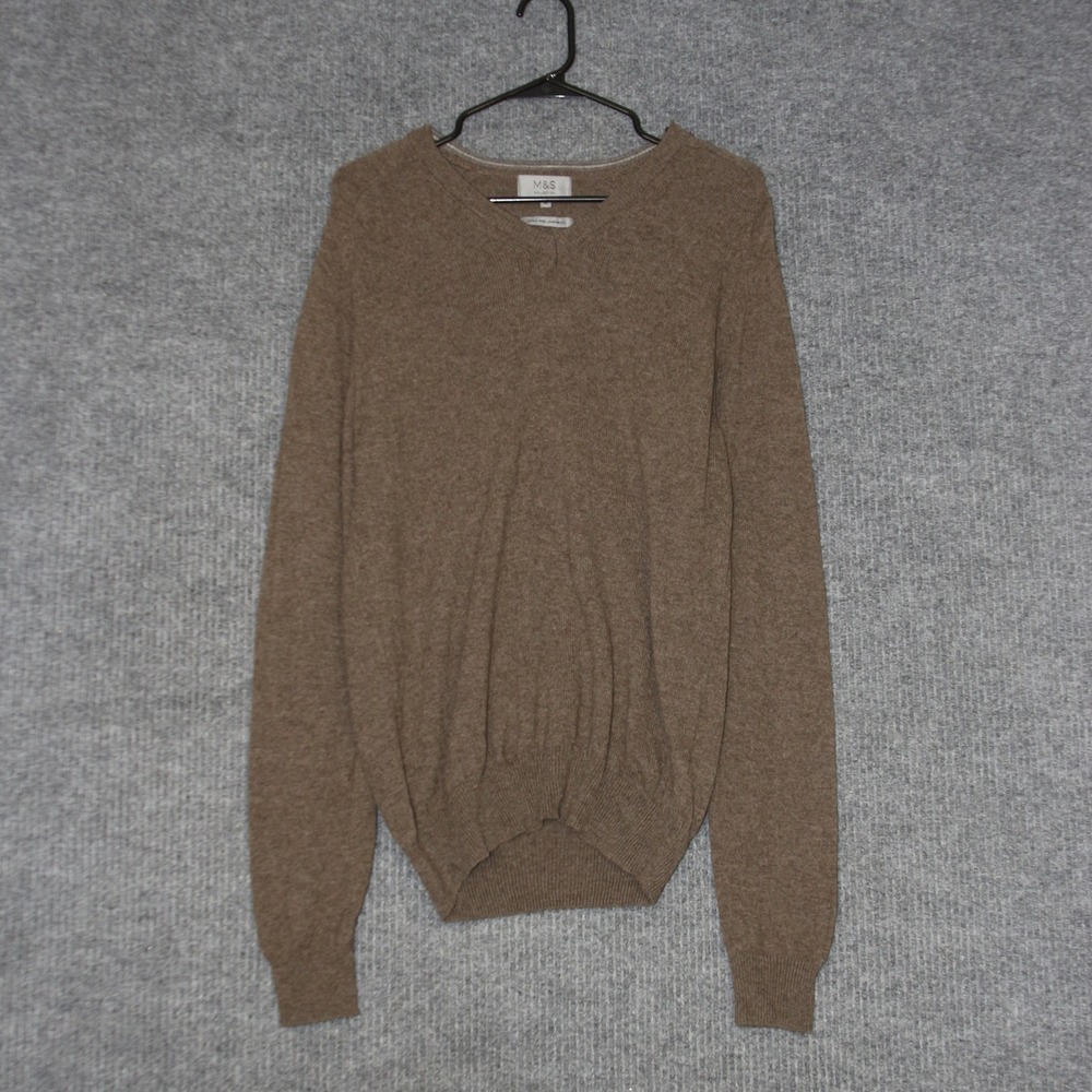 MS Collection Sweater Mens M Brown V Neck Extra Fine Lambswool Classic Casual